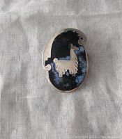 Front view of the sterling silver brooch with black enamel background and silver llama in the center, showing design and color.