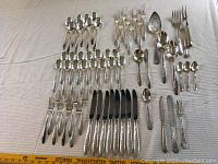 Full layout of flatware set showing all forks, knives, spoons and serving pieces arranged on fabric background.