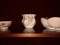Porcelain items displayed on wooden shelf, showing floral decoration and shapes.