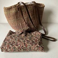 Photo of the woven bag and folded paisley shirt displayed together