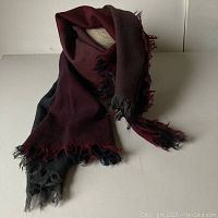 Wilford wool scarf displayed folded over a mannequin head showing color tones and fringed edges.