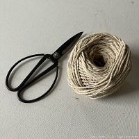 Black iron bonsai-style garden scissors next to a roll of beige garden twine on a flat surface.