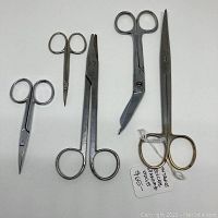 Top-down image of six vintage scissors laid on white surface showing different sizes and blade shapes.