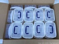 Top view of the box showing 21 sealed clear plastic containers with blue handles in white lids arranged inside a cardboard box.