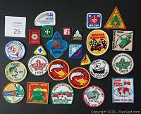 Top-down photo showing 22 different scouting and guiding patches laid out on a surface.