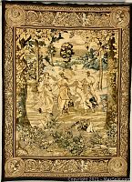 Full front image of the Renaissance motif tapestry showing three dancing figures in an outdoor scene with detailed floral border and corner medallions.