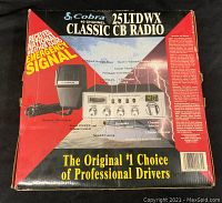 Front view of the original Cobra 25LTDWX Classic CB Radio box showing product image and key features.