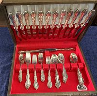 Top view of silver plate dinnerware knives and several forks and spoons arranged in a wooden case with red velvet lining.