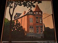 Front view of the hand-painted canvas depicting a red brick building