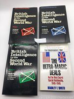 Four vintage books including three volumes of British Intelligence in the Second World War with different colored labels and one white paperback book The Ultra-Magic Deals by Bradley F. Smith.