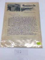 Photo of the first letter from Heintzman & Co dated 1900 showing letterhead with building illustration and typed letter content addressing William E. Elmore about piano order issues.