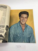 Color photo of Elvis Presley inside the magazine, wearing a blue denim shirt and smiling