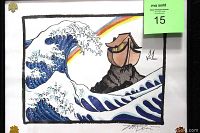 Framed artwork showing a stylized interpretation of Noah's Ark with high blue waves, a rainbow, and a dove in flight. The painting is matted with a black border and contained inside a black frame.