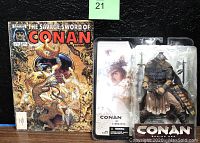 Photo showing the sealed Conan of Cimmeria Series One action figure alongside The Savage Sword of Conan The Barbarian comic book April 1985.