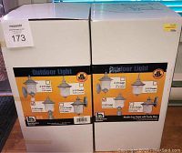 Two boxes of outdoor wall lights with images and specifications on the front showing marble grey finish and seedy glass.