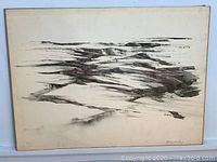 Straight-on view of unframed oil painting on board depicting abstract landscape in monochrome tones.