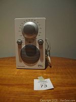 Front view of white Tivoli Audio iPAL AM/FM radio showing main tuning dial, volume and power knobs, speaker grille, and branding on bottom.