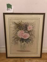 Full view of framed artwork showing floral motif with pink roses in a vase. Double matted and framed behind glass, ready for hanging.