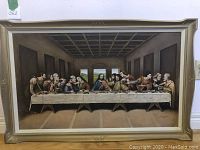 Full frontal view of the large oil painting of the Last Supper showing full composition and frame.