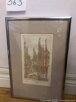 Framed etching by Albertine Hoek Lewis depicting trees and a small structure, in metal and plastic frame