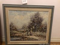 Full view of the framed impressionism oil painting showing landscape and figures.