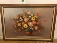 Full image of framed flower vase oil painting by Robert Cox with signature visible and wood/gold frame.