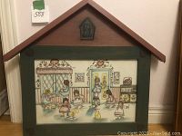 Full view of framed original art depicting children in a nursery scene, wood frame with pitched roof design