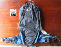 Top front view showing the Gregory logo, main zippered compartment, blue and black color scheme, and hip straps with pockets.