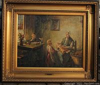 Frontal view of framed oil painting showing full gilt frame and interior scene.