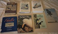 Seven bird study and guide books on a beige surface, showing titles and covers clearly.