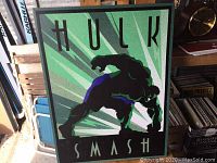 Full frontal view of the Incredible Hulk canvas art with 'HULK SMASH' text and figure in silhouette with a green radial background.