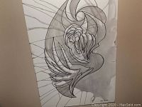 Black and white abstract artwork featuring a flowing design with bird and human figure elements, signed Don Chase, copyright 2020.