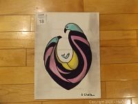 Front view of the acrylic painting on canvas showing two stylized birds in pastel teal, pink, yellow colors with black outlines on white background, signed by Don Chase.