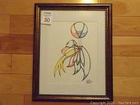Frontal image of original framed acrylic painting on paper showing colorful abstract Indigenous art with signature.