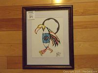 Framed acrylic painting on paper depicting stylized bird with eye motif by artist Keith Gattie.