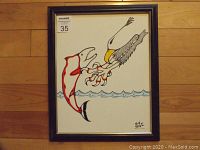 Front view of the framed original acrylic painting showing Indigenous style fish and bird on white background with waves at bottom, artwork titled "Gone Fishing" signed by artist Keith Gattie.