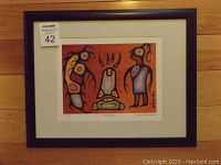 Full view of framed Indigenous art print showing entire frame and artwork titled "Shaking Tent."