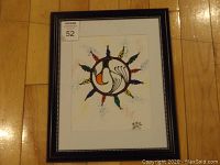 Framed signed acrylic painting titled 'Fireworks' showing full artwork and frame on wooden floor.