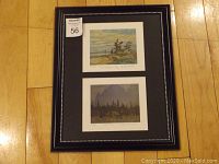 Framed double art print including both prints and matting in a black frame on a wood floor.