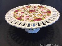 Full top view of the Royal Albert Old Country Roses porcelain pedestal cake stand showing floral pattern and decorative rim.