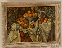 Framed print showing full view of still life with fruit and pitcher