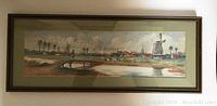 Framed original watercolor painting with windmill and figure on pier under cloudy sky