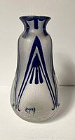 Front profile of vintage glass vase showing blue triangular abstract pattern and base signature.