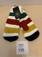 Front view of pair of mittens showing colorful knit stripes and retail tag with Hudson's Bay branding.