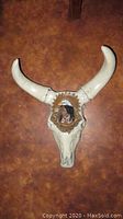 Front view of the white bull skull with painted Native American figure on the forehead, mounted on brown textured wall.