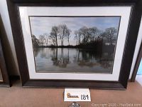 Full view of the framed photographic print showing the entire frame, mat, and scene including the desk or table edge beneath and seller's lot number tag visible