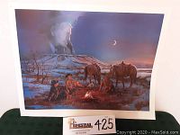 Full view of the Western-themed print showing campfire scene with cowboys and horses under a crescent moon and ghostly cowboy face.