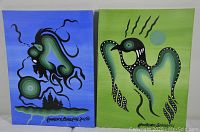 Front view of two Indigenous art paintings showing the full artworks in place, one green with a bird design and one blue with an abstract figure