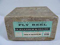 Photo of the original textured patterned box with label indicating the brand S. Allcock & Co Ltd, Seymour model, reference number B155, made in Redditch England.
