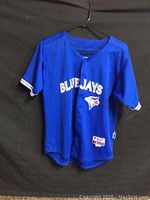Full front view of blue Toronto Blue Jays youth baseball jersey with team name, logo and visible button placket, on black background.